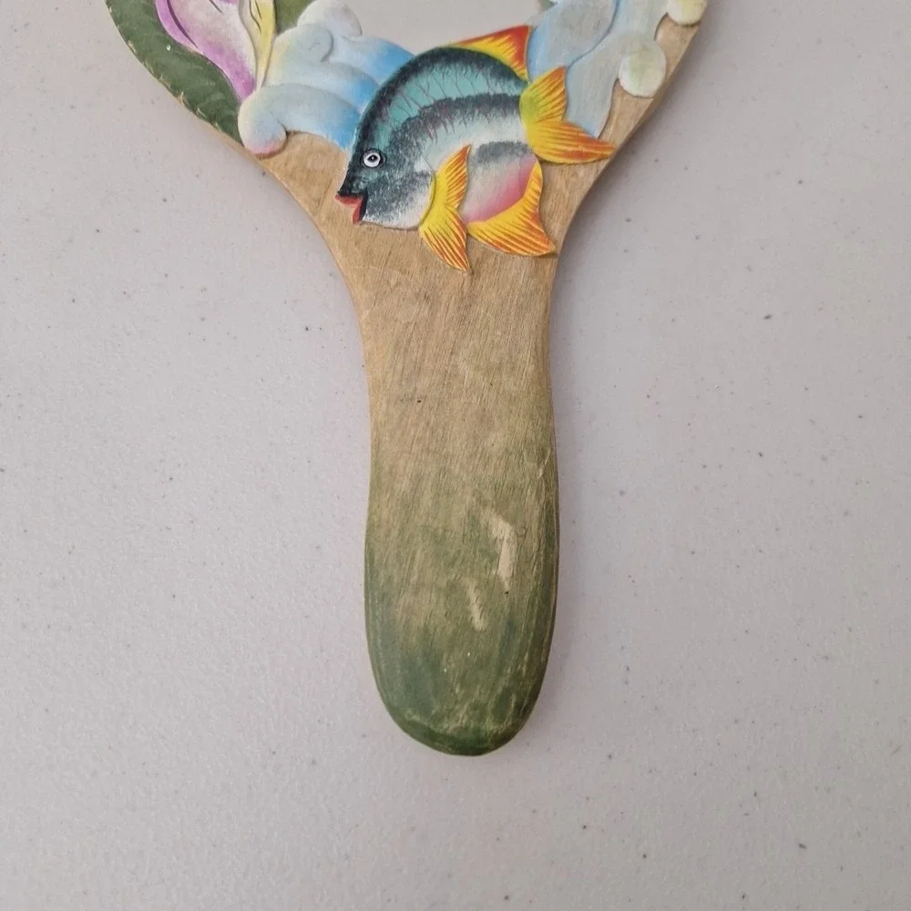 Vtg Tropical Fish Underwater Solid Wood Carved Handheld Mirror INDONESIA 14